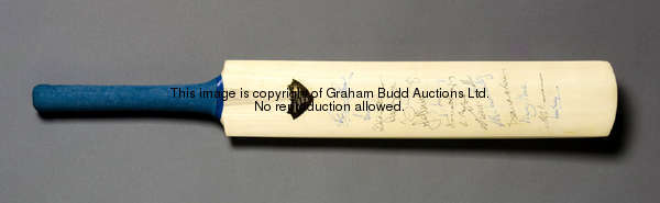 A cricket bat signed on the occasion of Brian Close's 65th birthday, 1996, set with a plaque & signe...