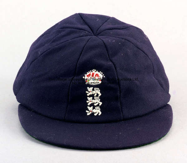 A Brian Close England cap, navy blue wool with embroidered England arms