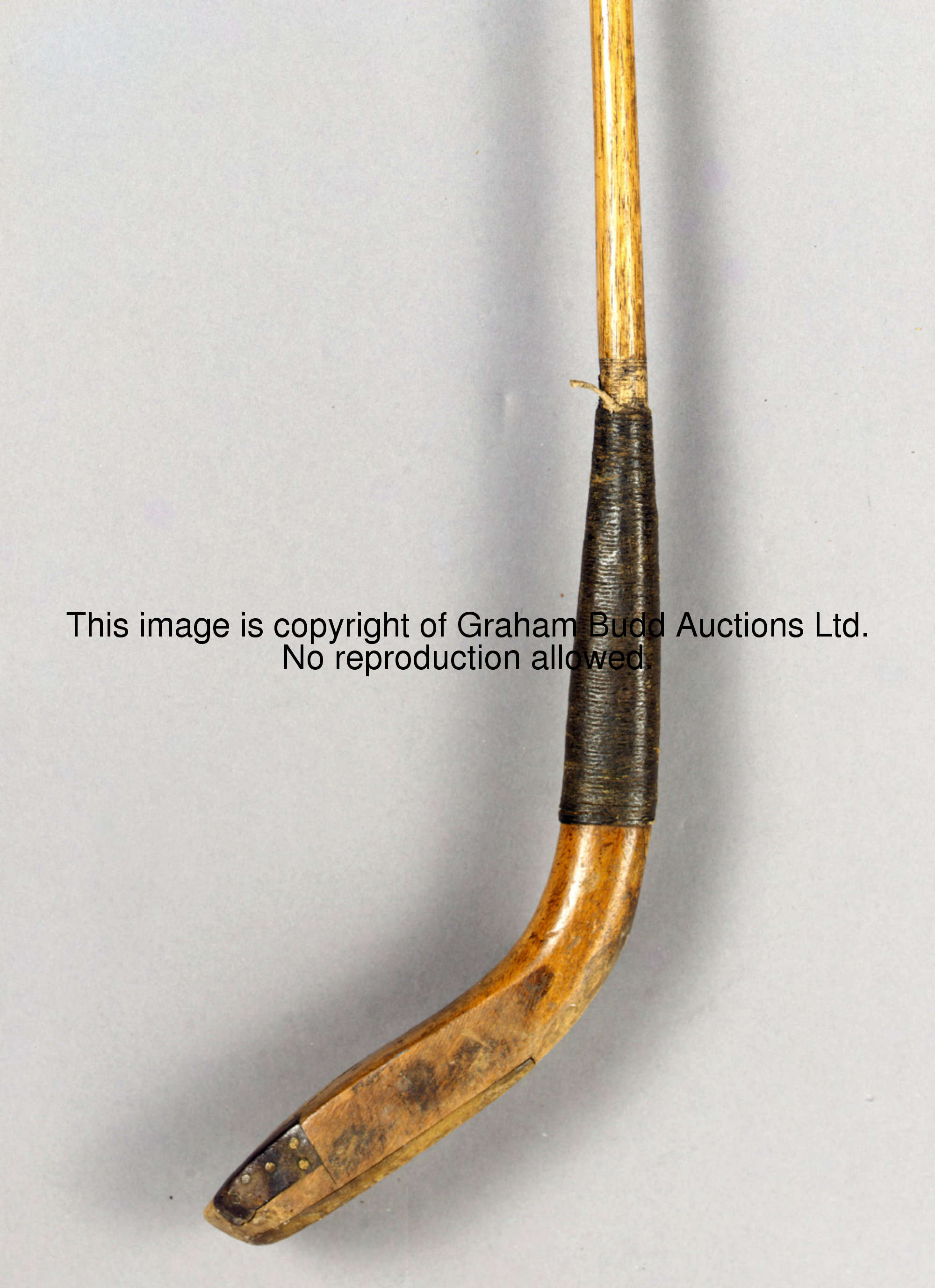 A Tom Morris, St. Andrews, long nosed driver, circa 1860, golden beech head, leather insert to toe, ...