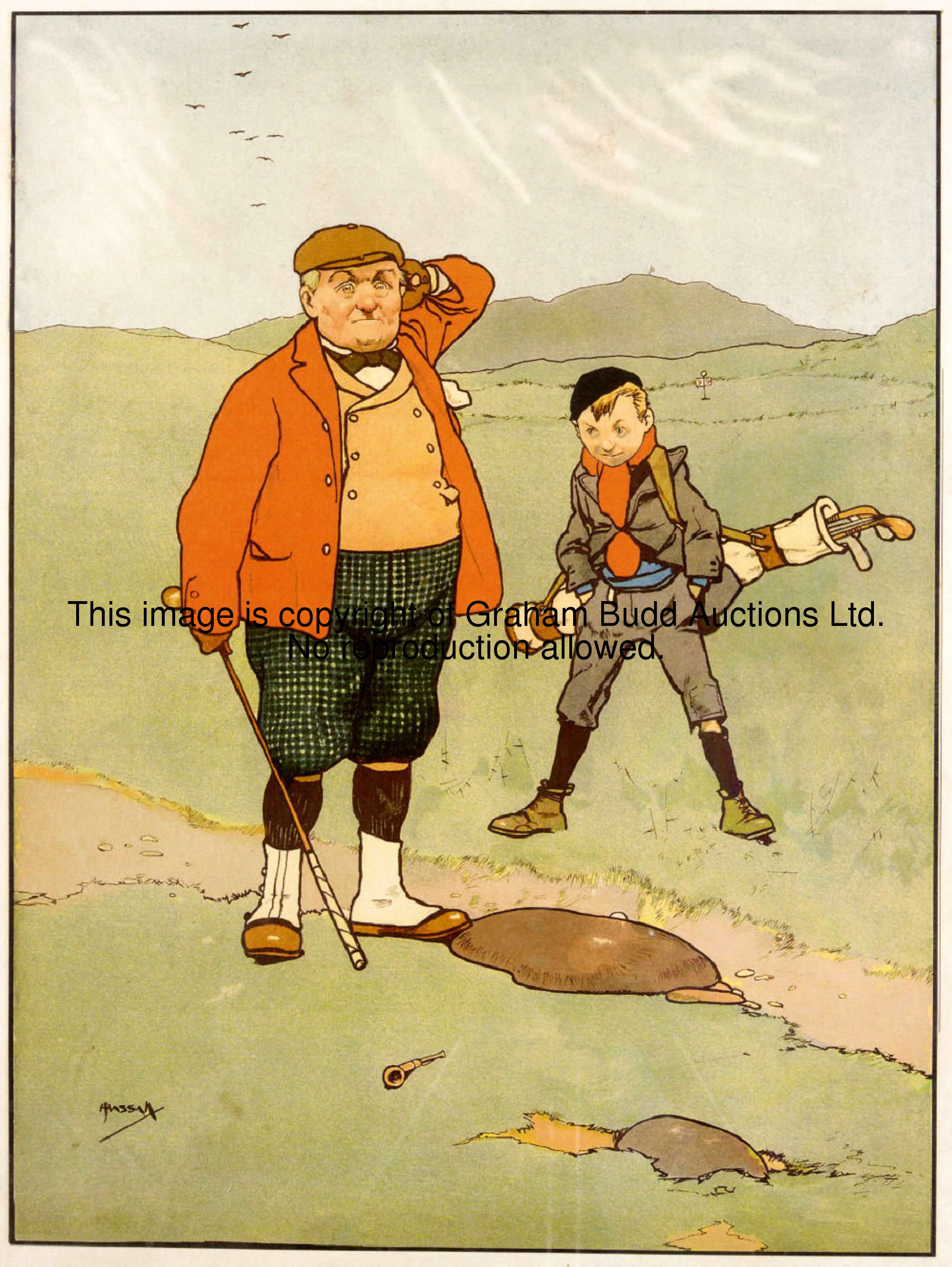 After John Hassall, colour lithographic print of a gentleman golfer and his young caddie, mounted, f...