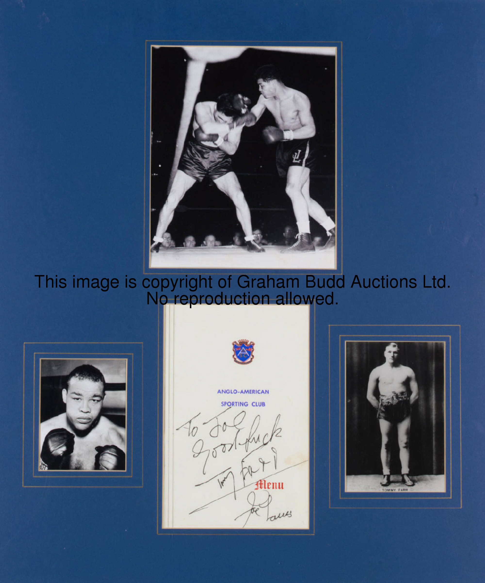 Joe Louis & Tommy Farr: an autographed display, containing a menu signed by both boxers and surround...