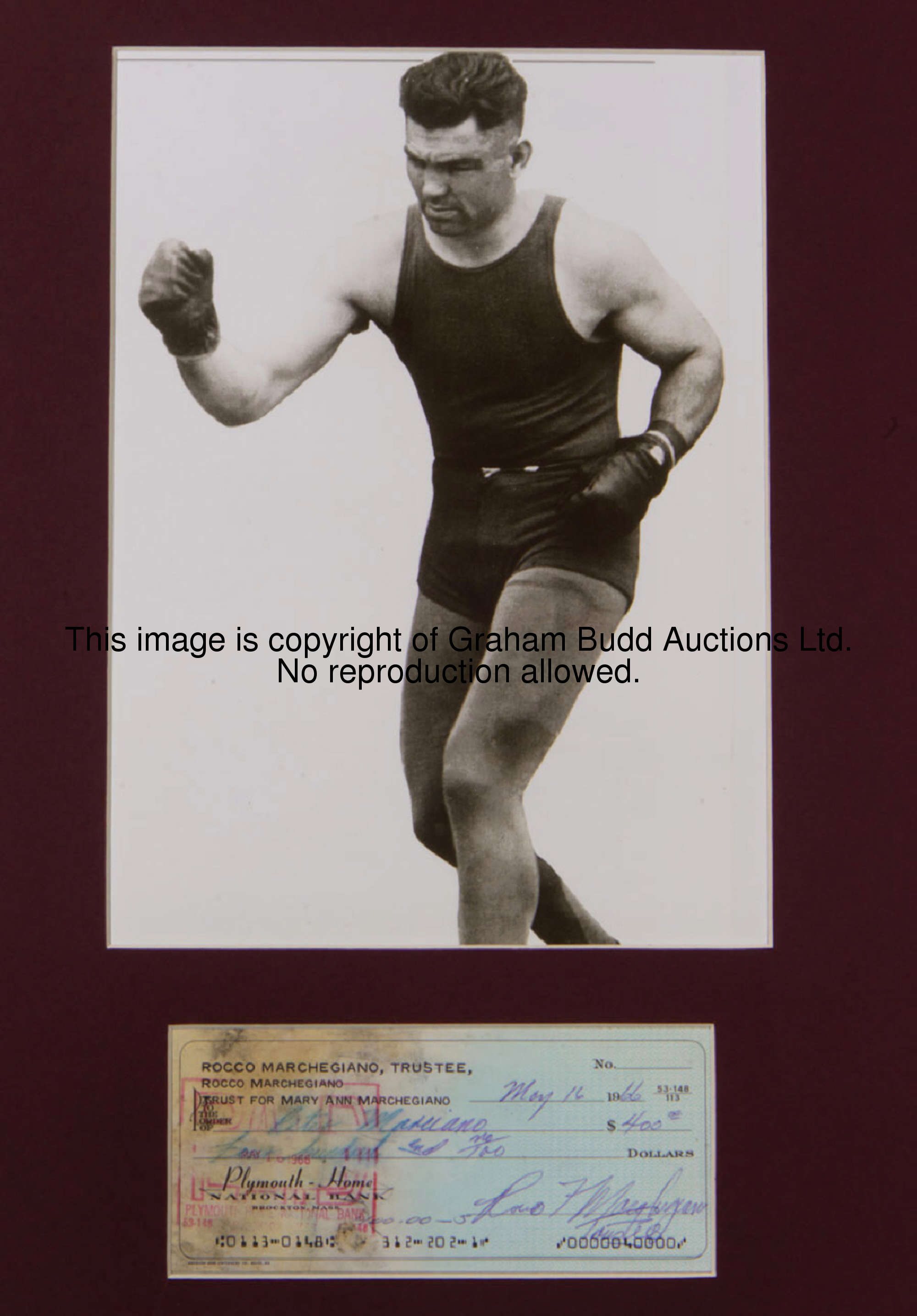 A cheque signed by Rocky Marciano, dated May 16 1966, a rare example signed with the boxer's full na...