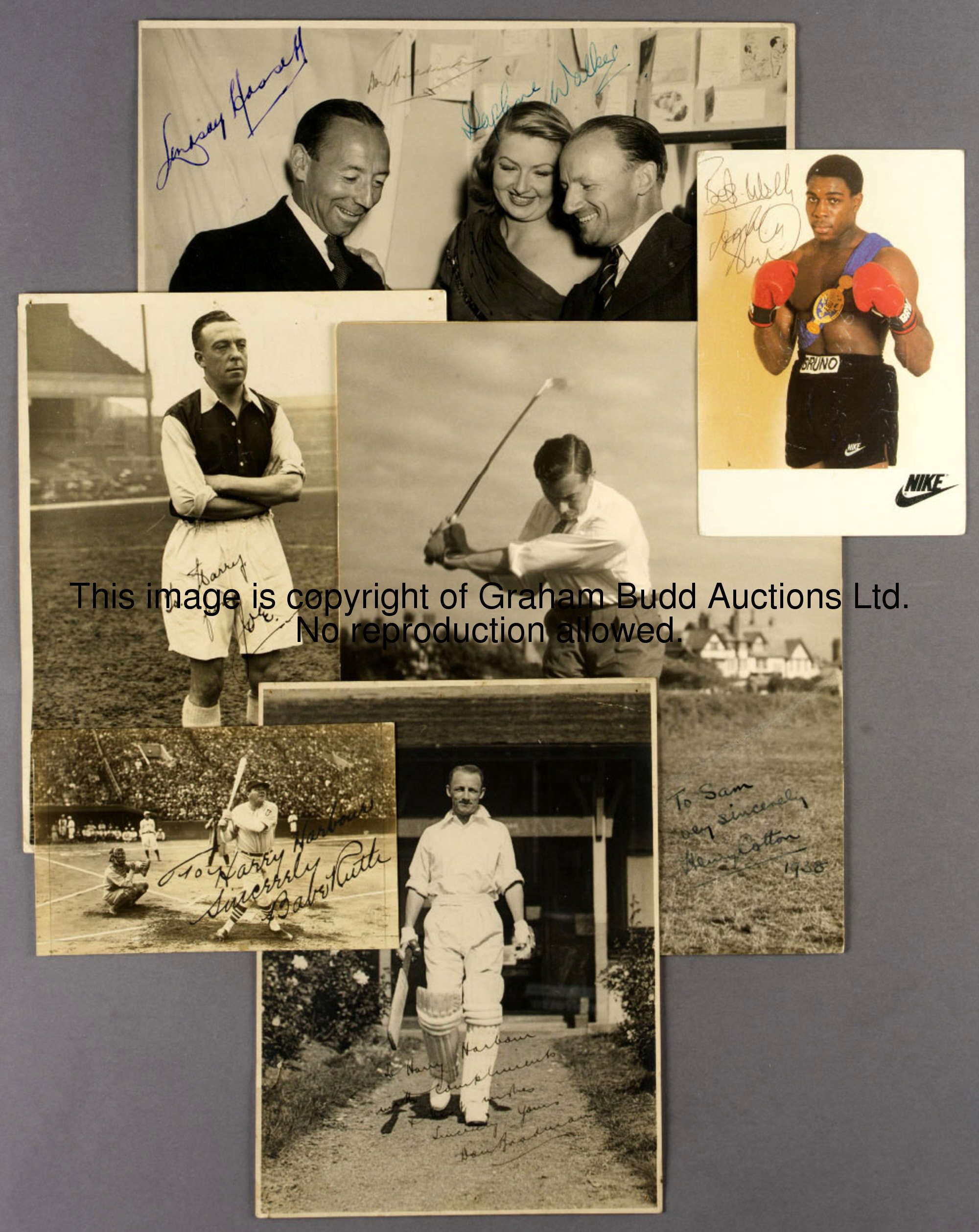 A group of six signed photographs of sportsmen, subjects comprising Babe Ruth, Don Bradman, Henry Co...