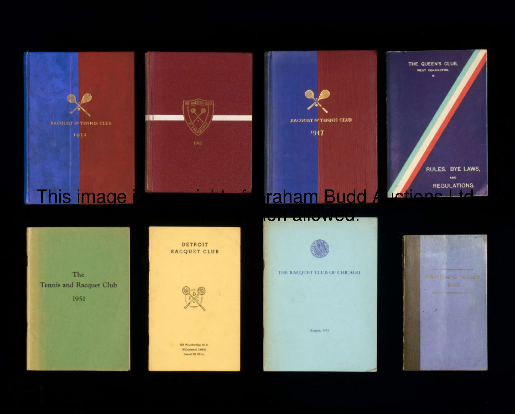 Eleven member's handbooks, Racquet & Tennis Club, New York, for 1932, 33, 47, 61 & 65; Queen's Club ...