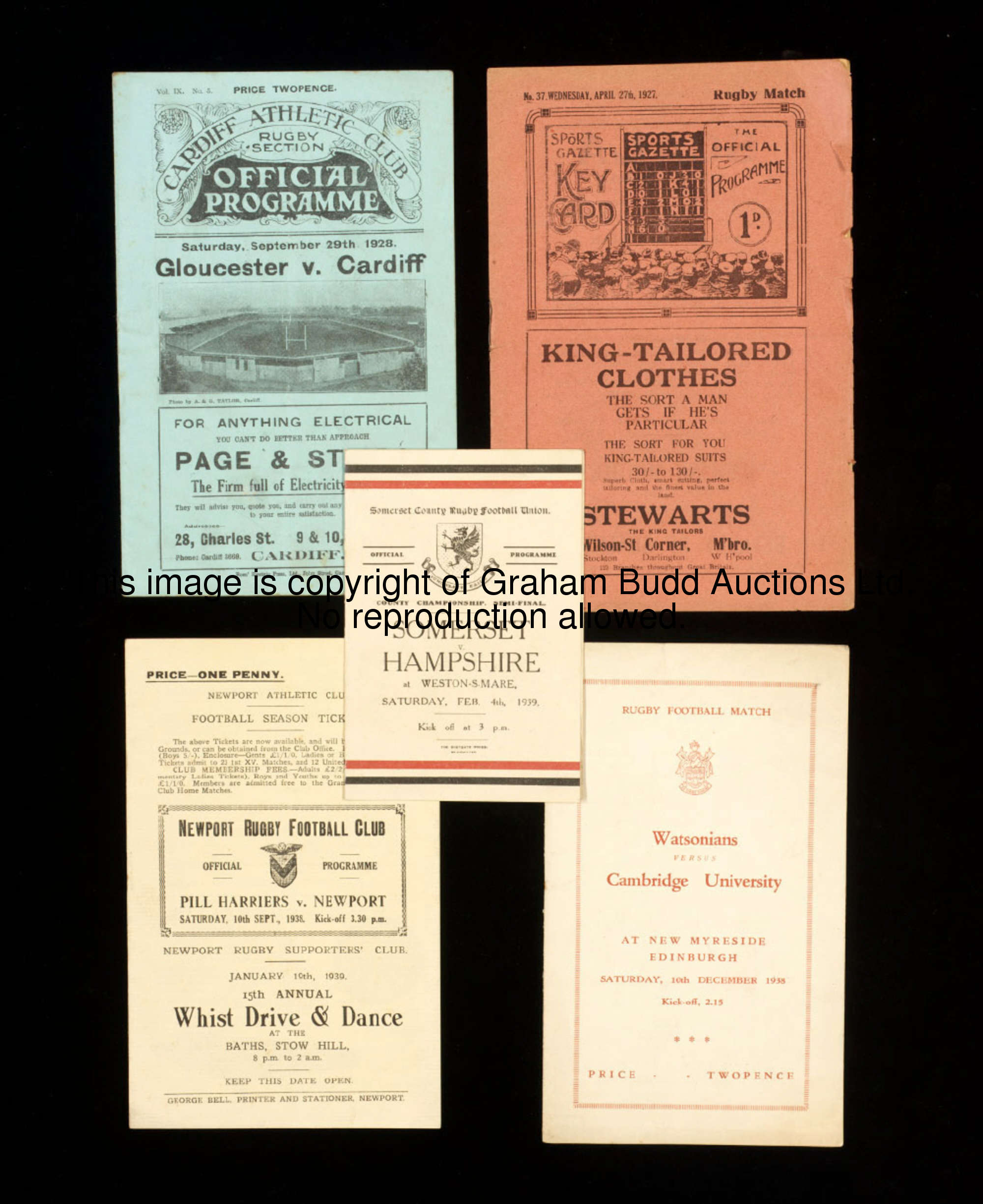 Five pre-war rugby union programmes, Cardiff v Gloucester 28-29, Middlesbrough v Hartlepool Rovers 2...