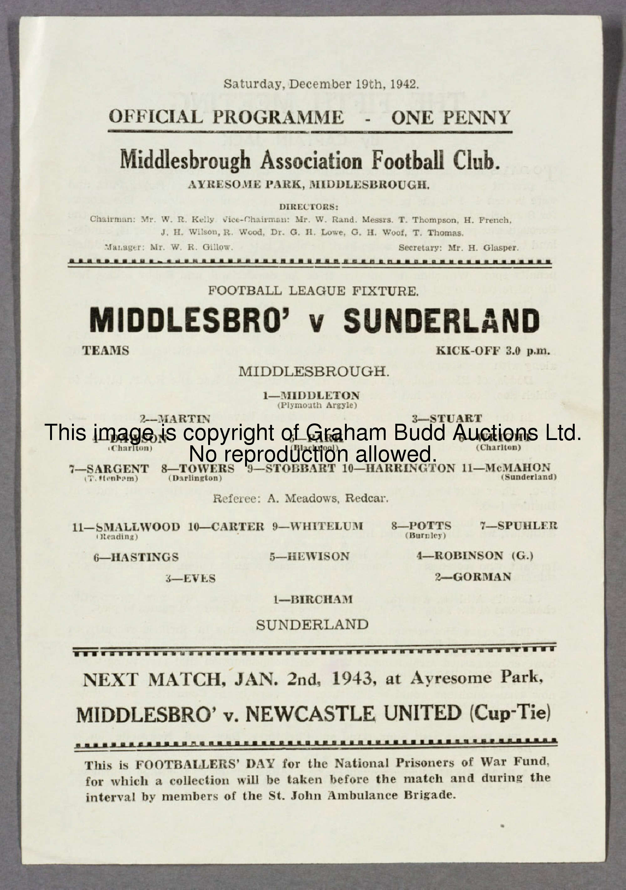 26 Middlesbrough wartime home programmes, for fixtures v Sunderland