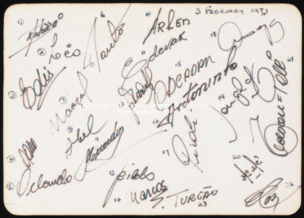 The autographs of the Brazilian football team, February 1971, including many of the 1970 World Cup w...