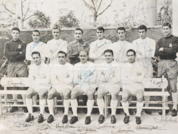 A printed photograph of the 1962 Real Madrid team signed by 11 of the 13 featured players, signed in...