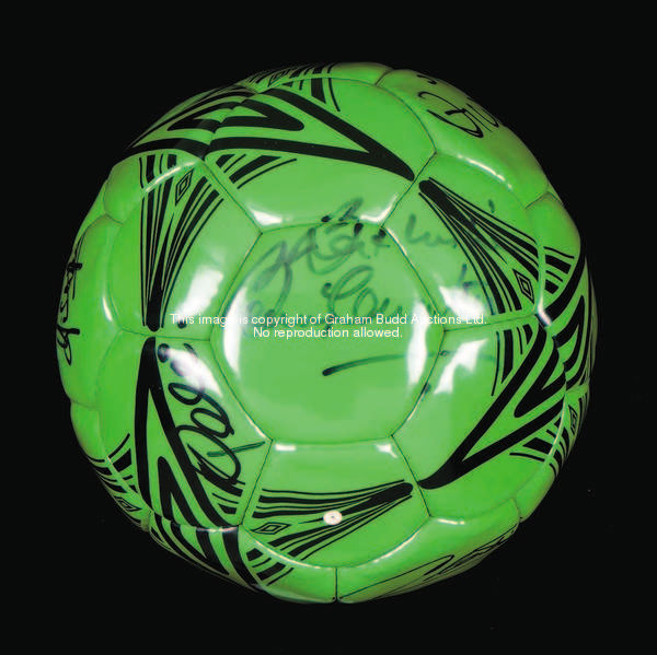 A NSPCC ''green ball'' with a superb selection of 10 all time great autographs, signatures comprisin...