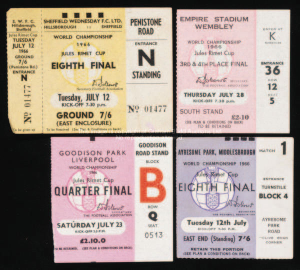 17 1966 World Cup tickets, including unused examples for Uruguay v Mexico & West Germany v Switzerla...