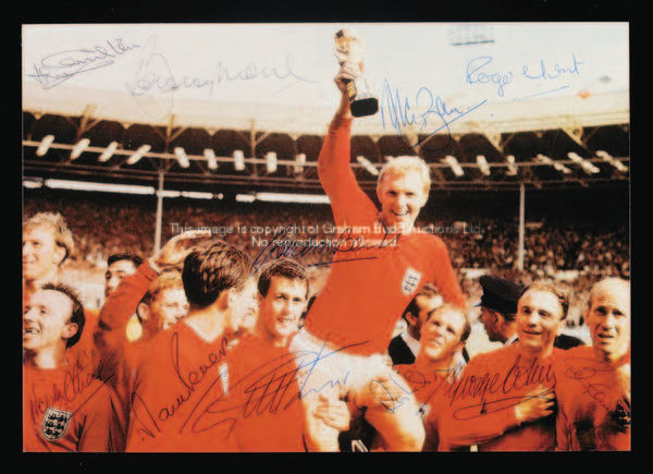 A colour photograph of the 1966 World Cup England team signed by all eleven finalists, signatures in...