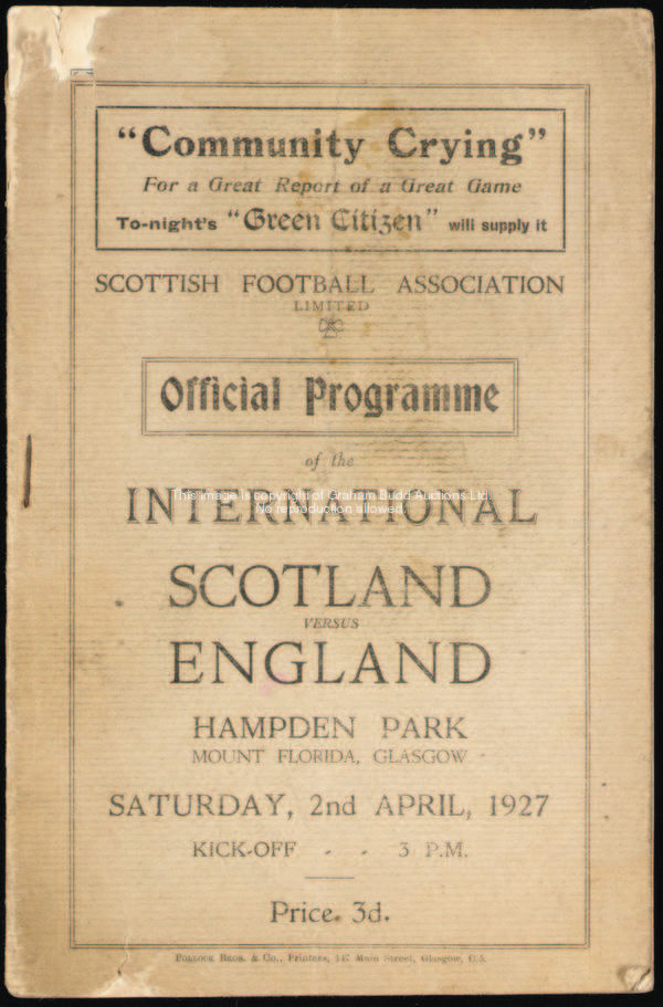 Scotland v England international programme, played at Hampden Park, 2nd April 1927