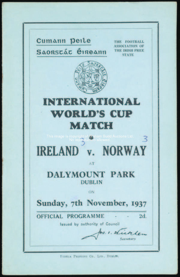 Ireland v Norway international match programme, played at Dalymount Park, 7th November 1937