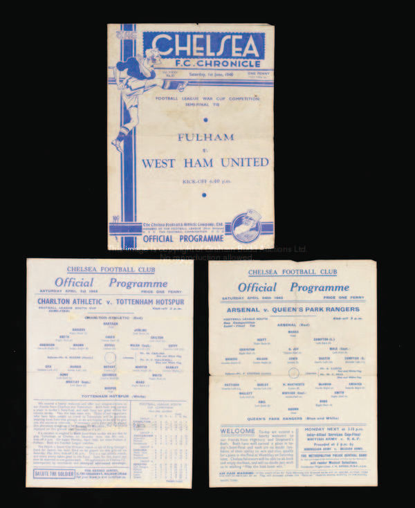 Three wartime Cup semi-final programmes played at Stamford Bridge, Fulham v West Ham 1.6.40, Arsenal...