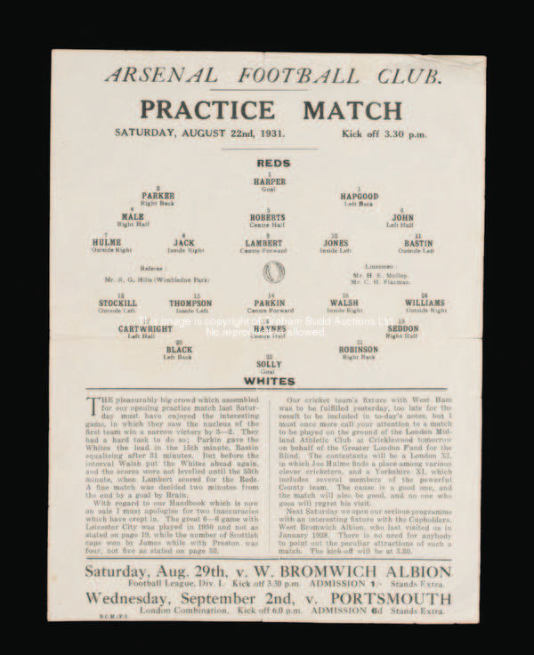 A rare Arsenal reds v white practice match single sheet programme, 22nd August 1931,