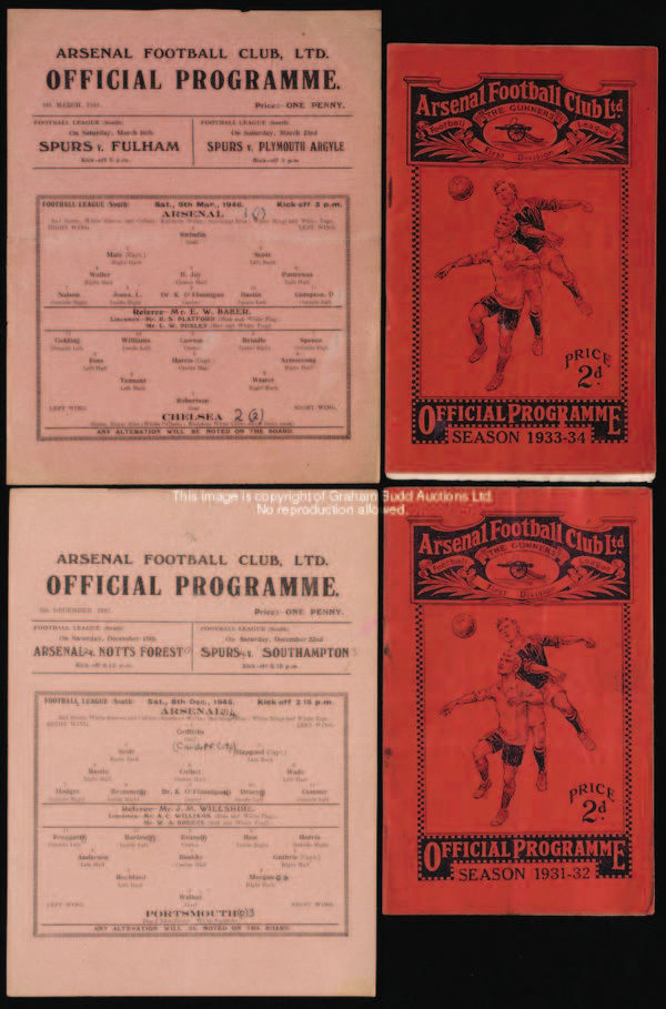 14 Arsenal home programmes, v Aston Villa 1931-32, 33-34, 34-35 & 35-36, Vienna Select 33-34 & 9 sin...