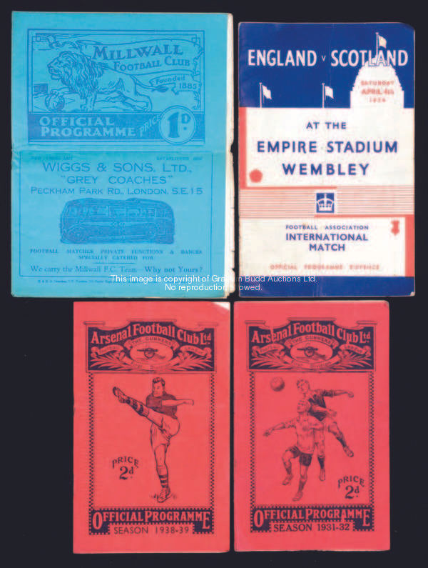 30 Arsenal home programmes, 1930s, together with England v Scotland 4.4.36, Millwall v Arsenal 25.11...