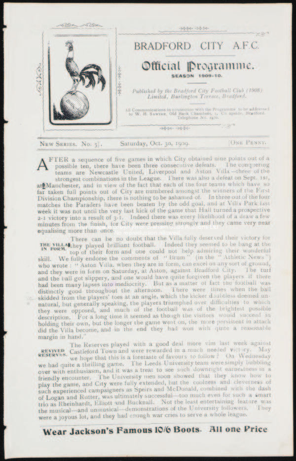 4 Bradford City home programmes, 1909-10, Sheffield United, Sheffield Wednesday, Preston & Bolton