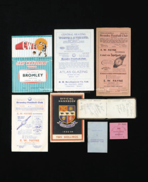 A collection of Bromley FC programmes & memorabilia, programmes, 415 homes dating between 1950-51 & ...