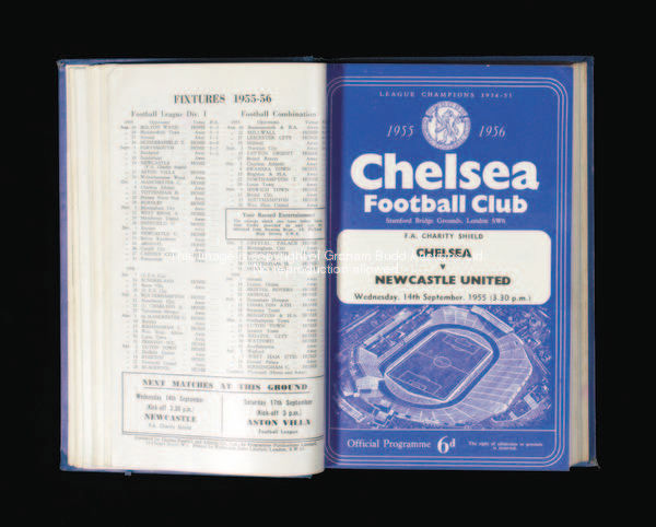 A run of 4 bound volumes of Chelsea programmes, seasons 1955-56 to 1959-60, first-team, reserves & o...