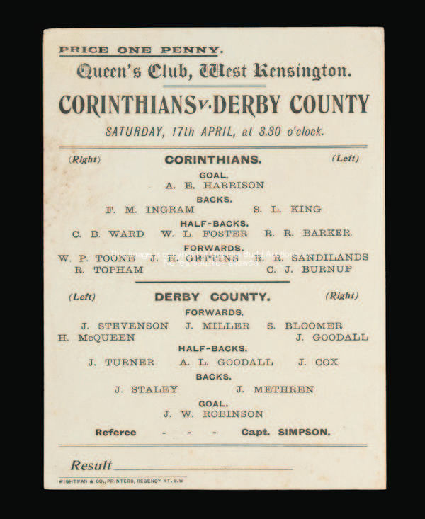 A Corinthians v Derby County programme, played at Queen's Club, West Kensington, dated 17th April, t...