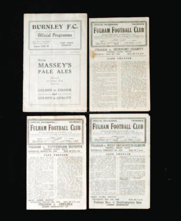 A Fulham away programme at Burnley 5th September 1938, sold with 10 Fulham wartime homes, 1945-46