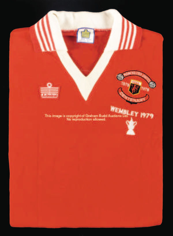 Martin Buchan: a red Manchester United No.6 1979 F.A. Cup final jersey, long-sleeved spare, inscribe...