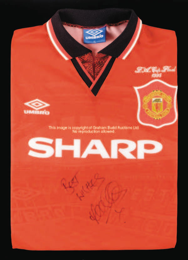 Lee Sharpe: a signed red Manchester United 1995 F.A. Cup final No.5 jersey, long-sleeved spare, sign...