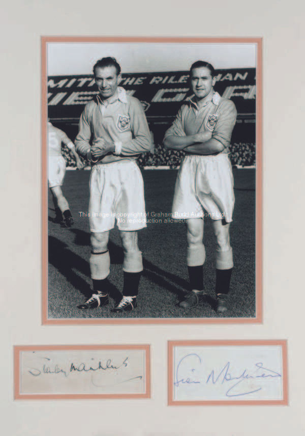 A Stanley Matthews & Stan Mortensen autographed display, comprising a b&w photograph set in a mount ...