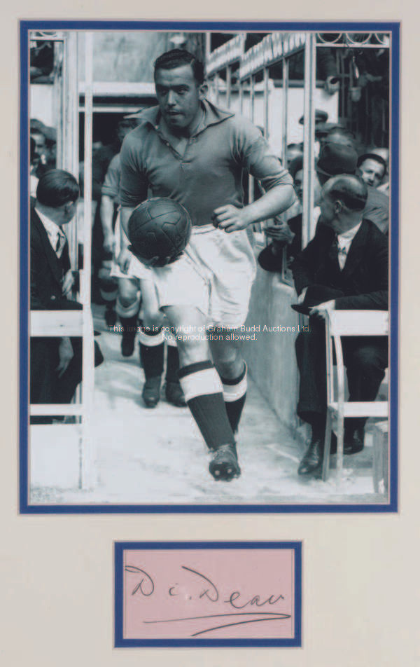 A Dixie Dean autographed display, comprising a b&w photograph set in a mount above a pencil signatur...