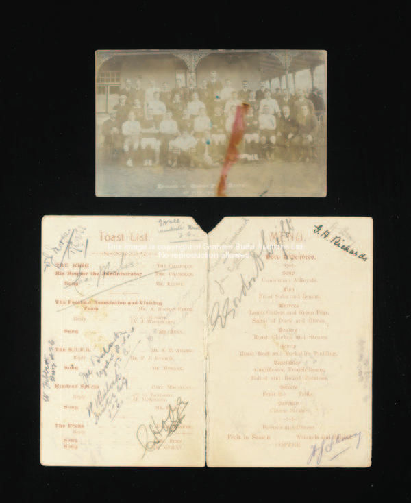 A banquet menu signed by the F.A. English Tourists to South Africa, 1910, held at the Bloemfontein H...