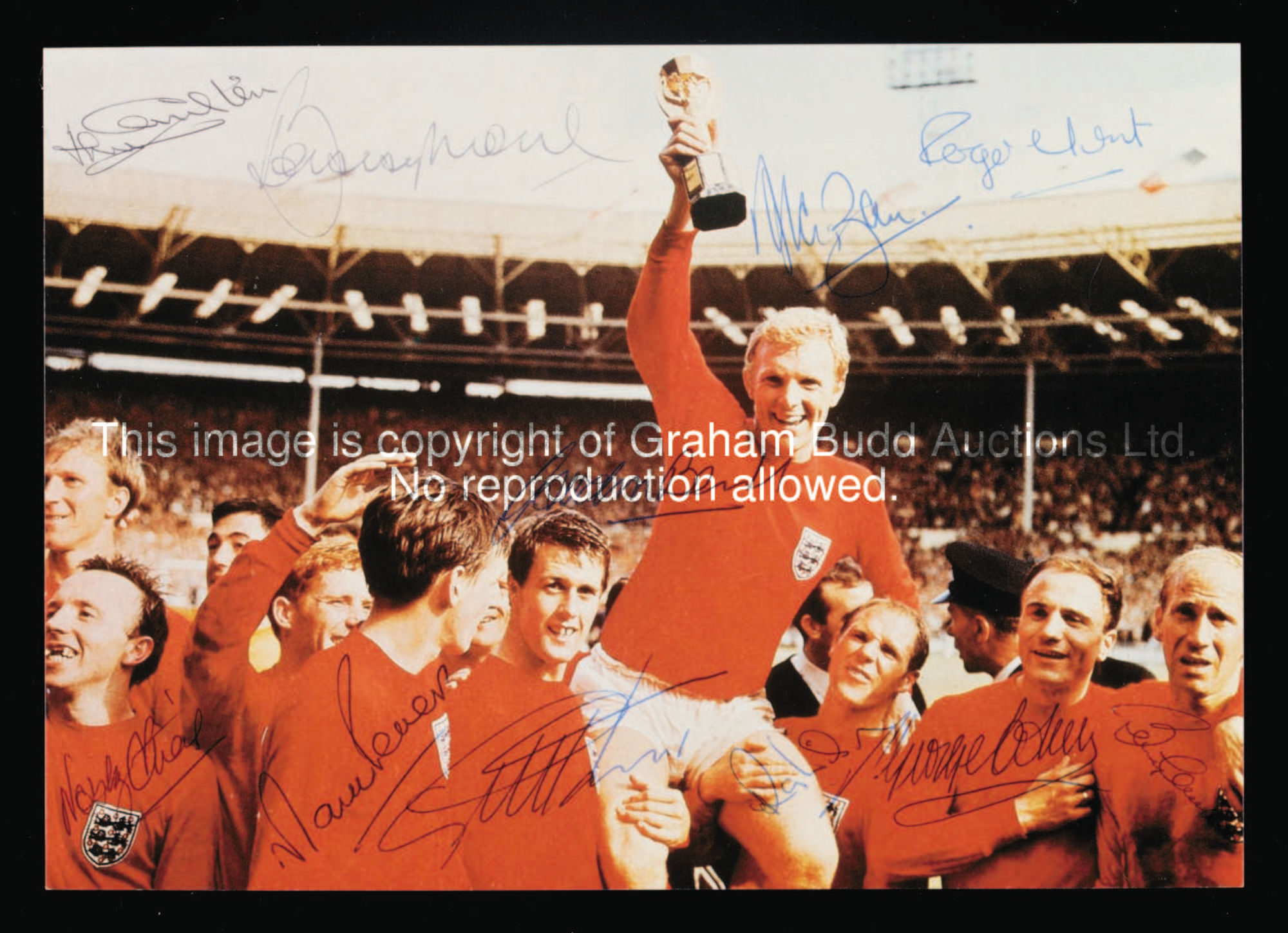A colour photograph of the 1966 World Cup England team signed by all eleven finalists, signatures in...