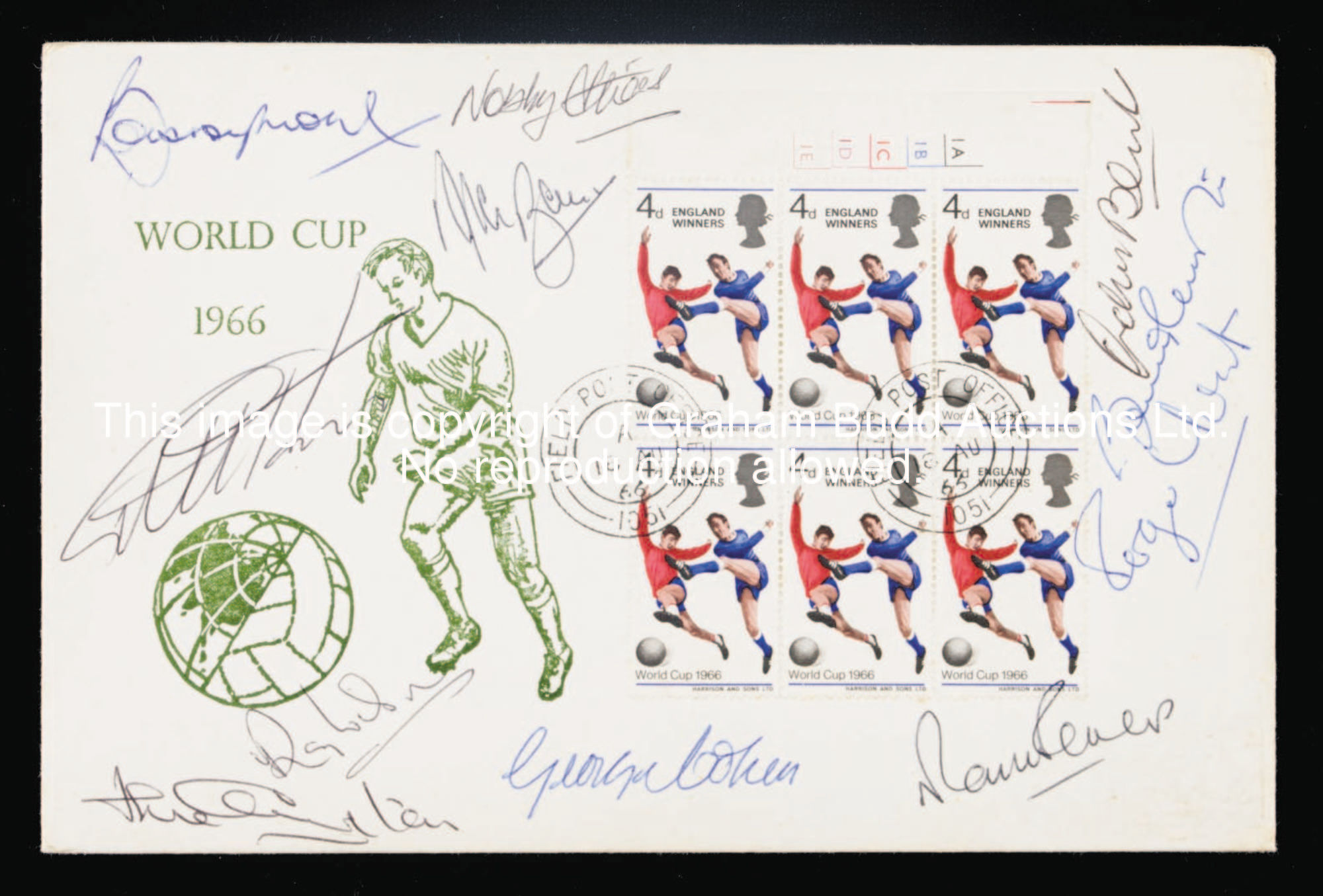 A 1966 World Cup postal cover autographed by all eleven England finalists, signatures in blue & blac...