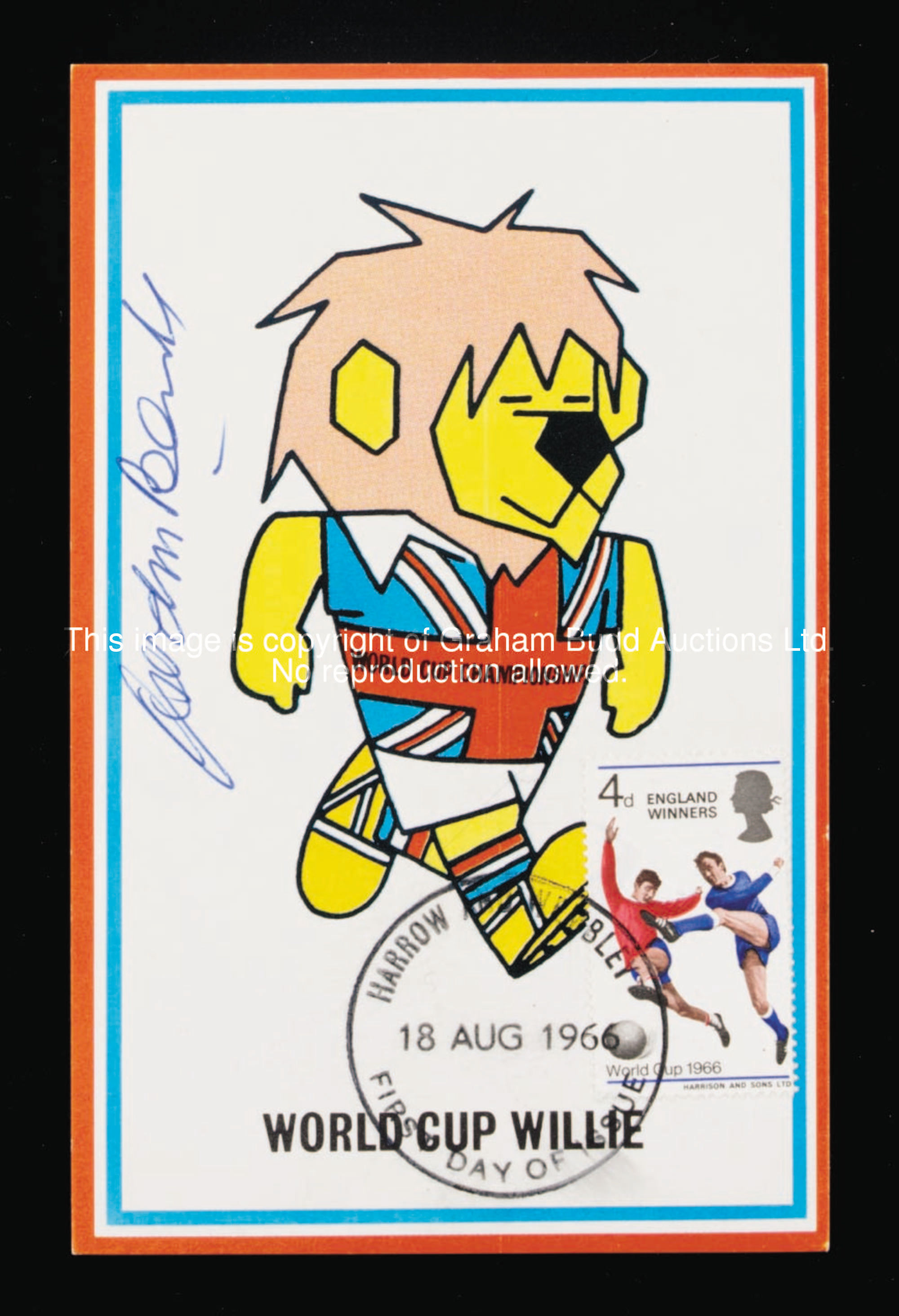 Ten autographed World Cup Willie postcards, signed by Stiles, Hurst, Cohen, Ball, Hunt, Banks, Peter...