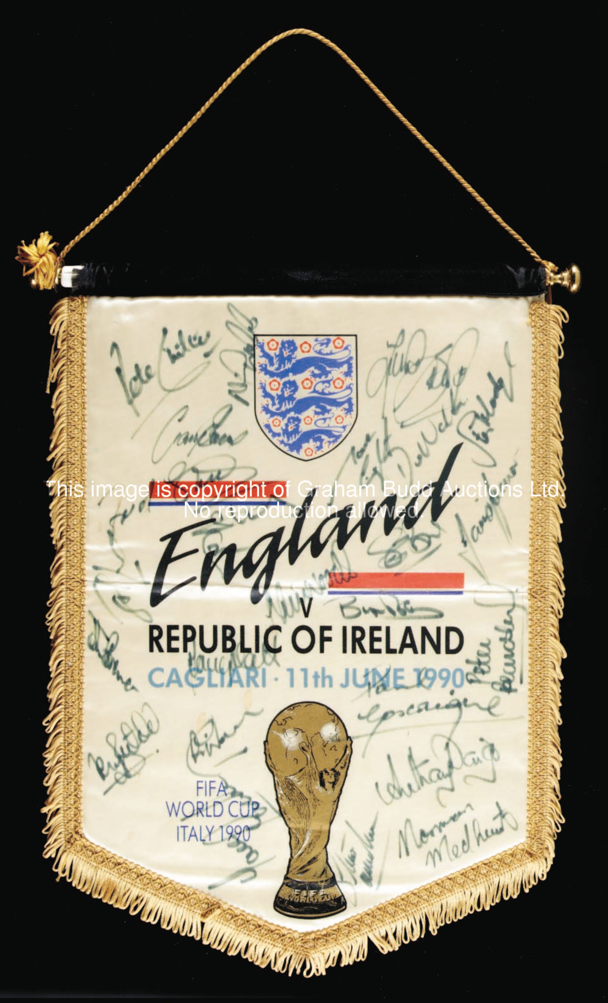 A Football Association England v Ireland 1990 World Cup pennant autographed by the England squad, ov...