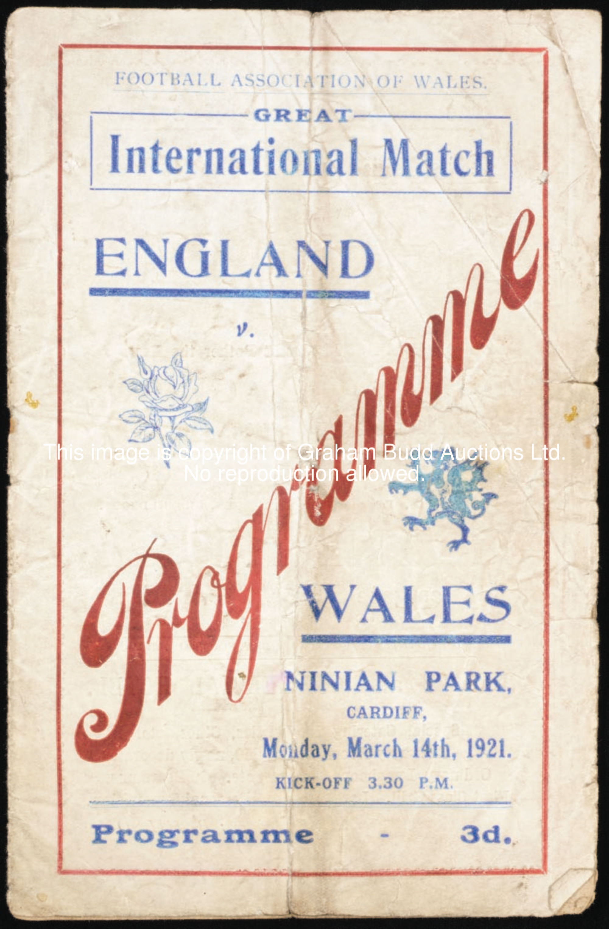 Wales v England international programme, played at Ninian Park, 14th March 1921