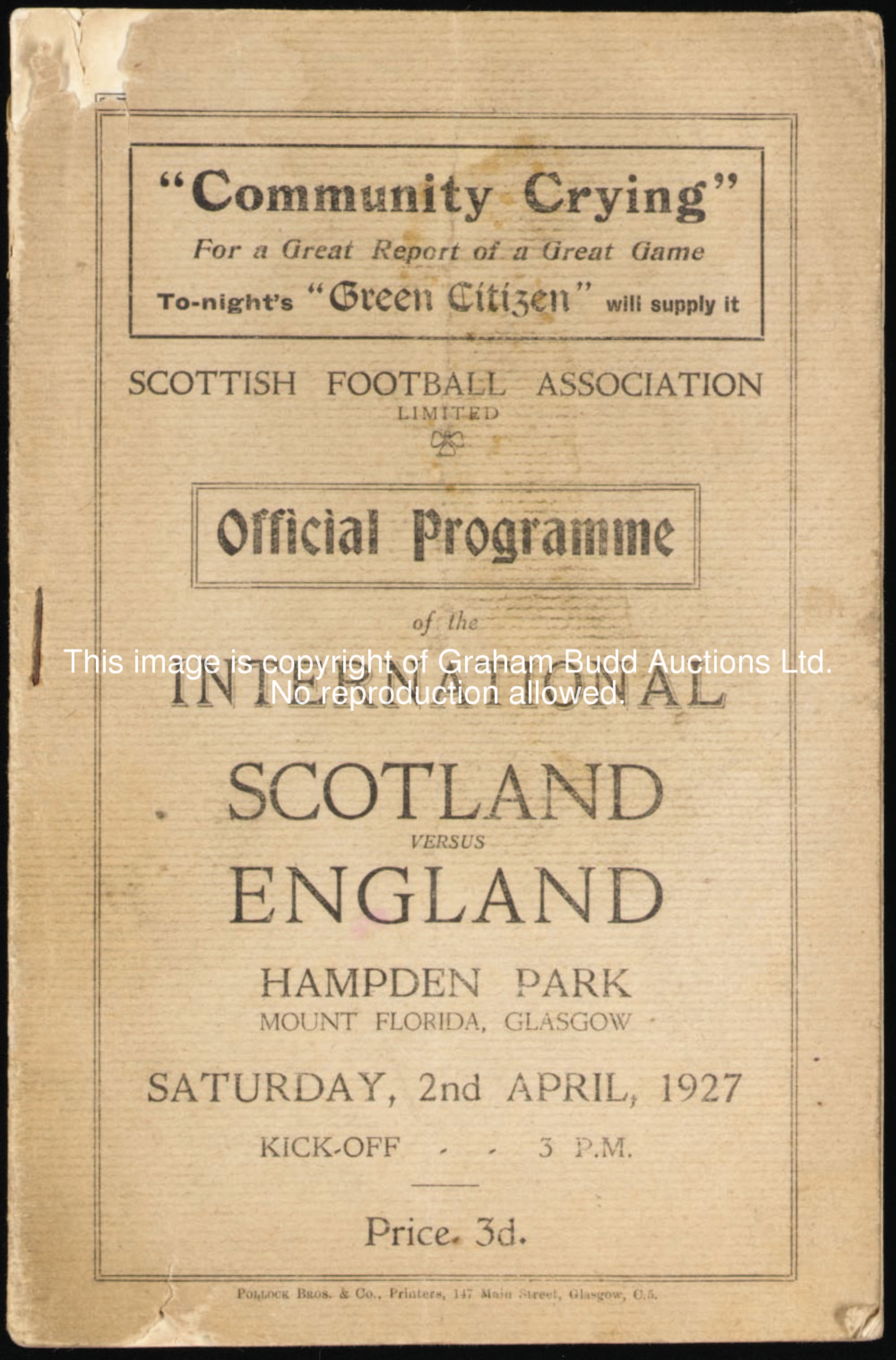 Scotland v England international programme, played at Hampden Park, 2nd April 1927