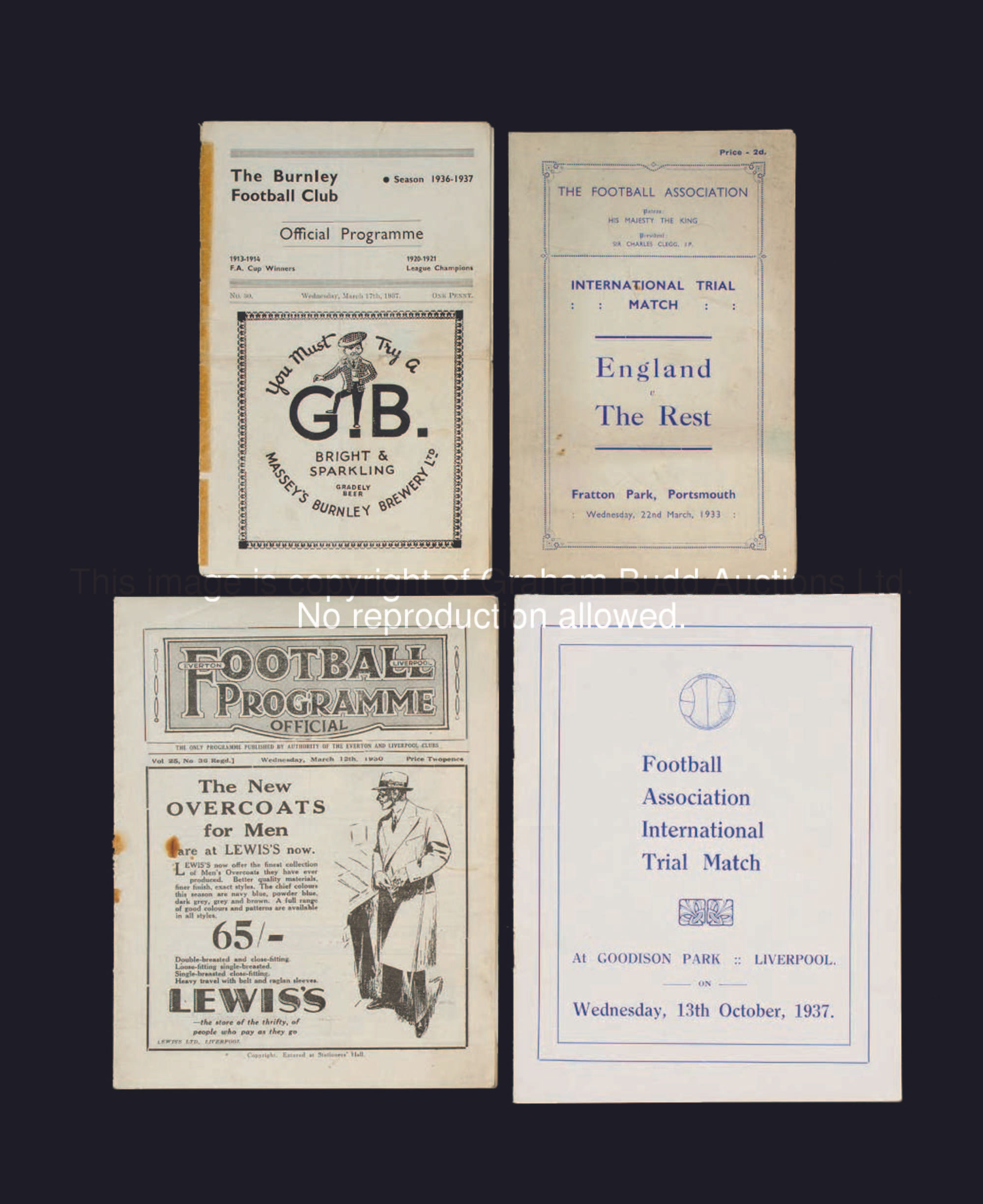 Four F.A. International Trial Match programmes, Anfield 12.3.1930, Fratton Park 22.3.33, Turf Moor 1...