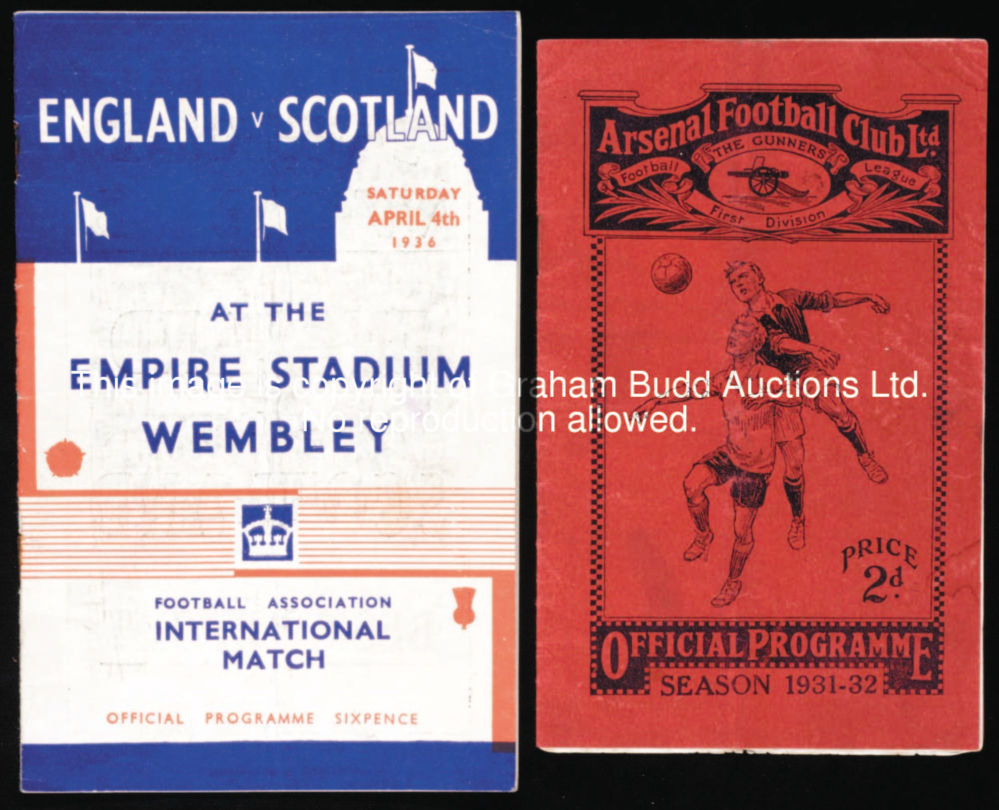 Two England international programmes, Spain at Highbury 9.12.31 & Scotland at Wembley 4.4.36