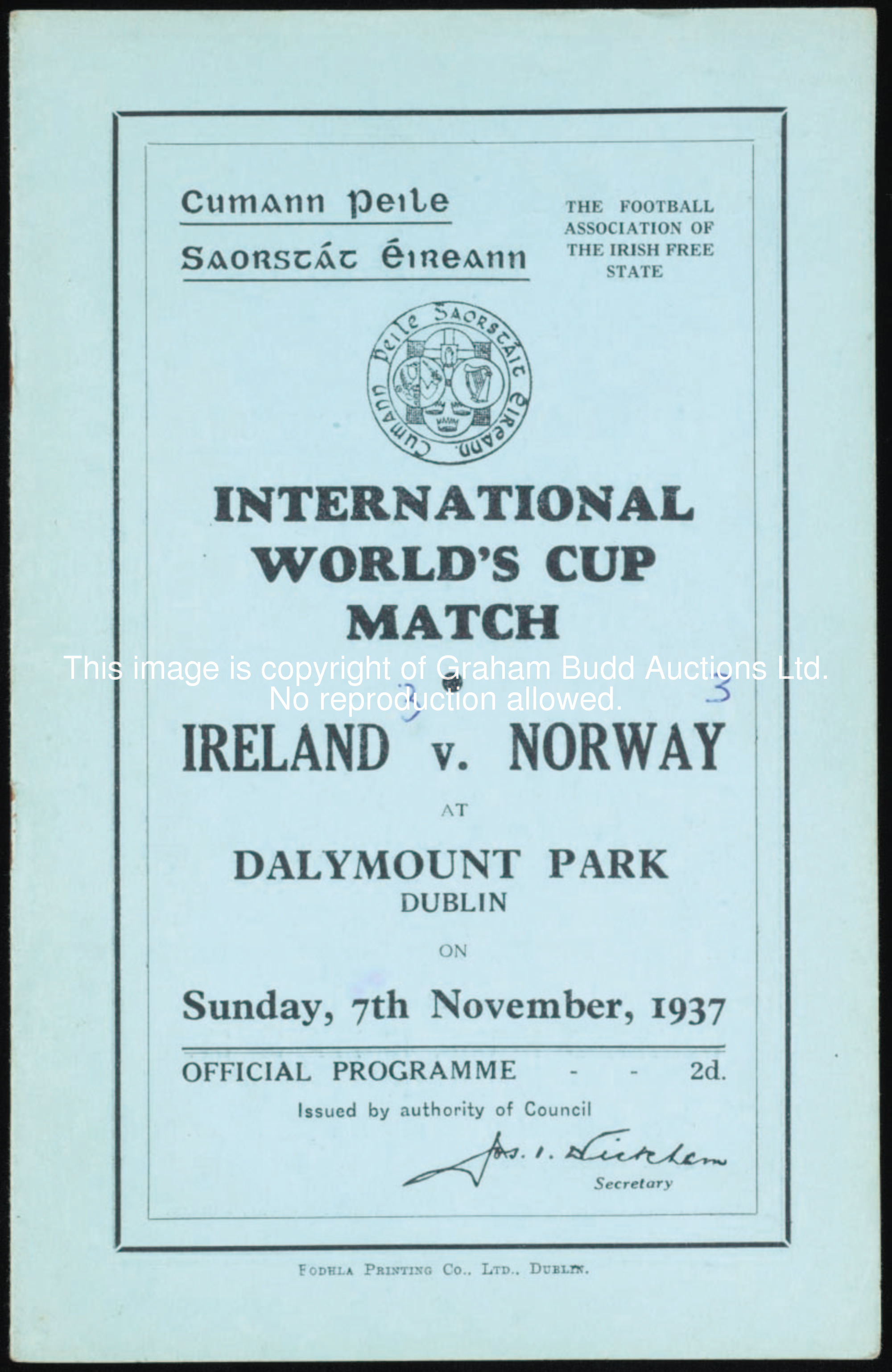 Ireland v Norway international match programme, played at Dalymount Park, 7th November 1937