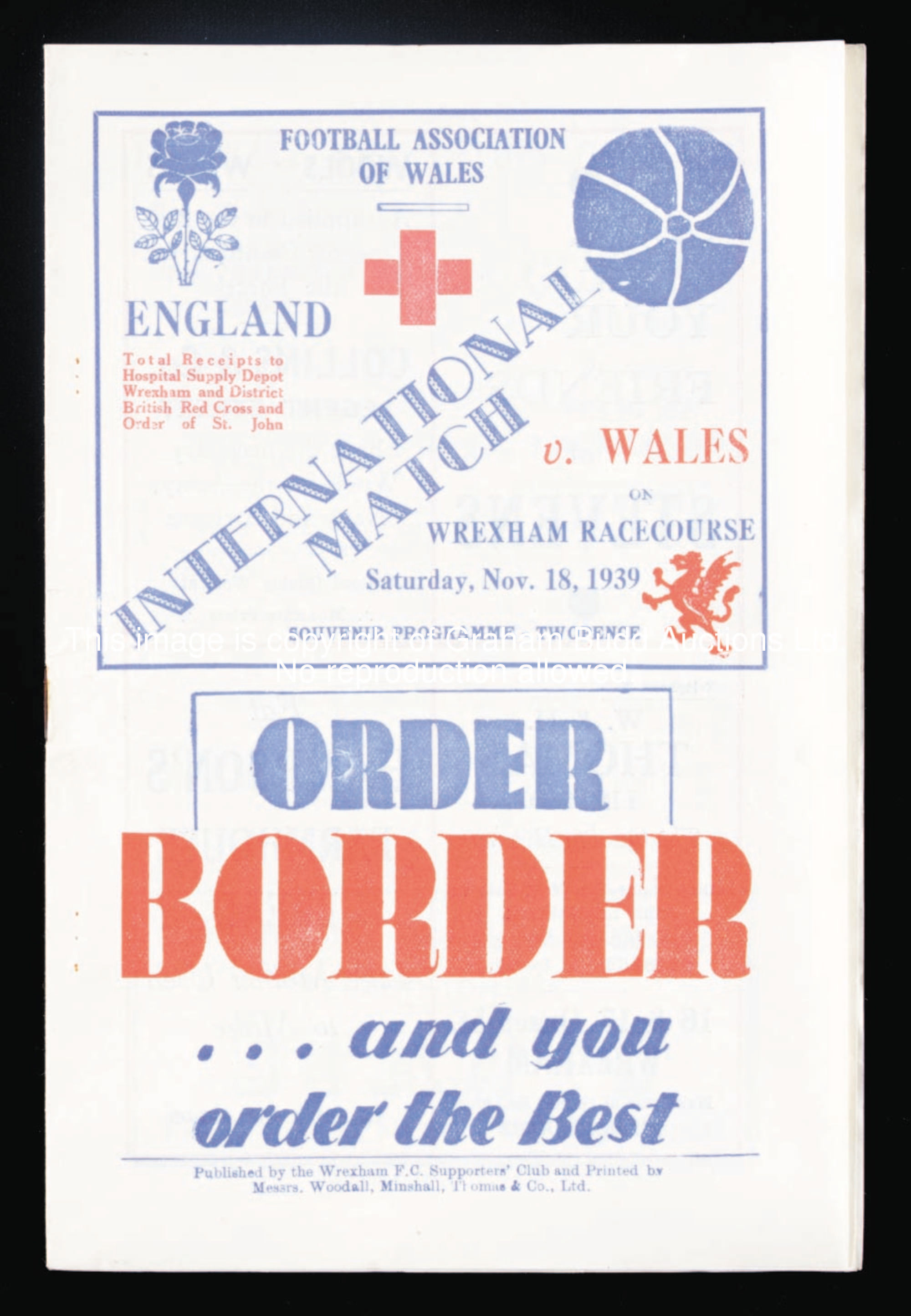 The scarce Wales v England wartime international programme, played on Wrexham Racecourse, 18th Novem...