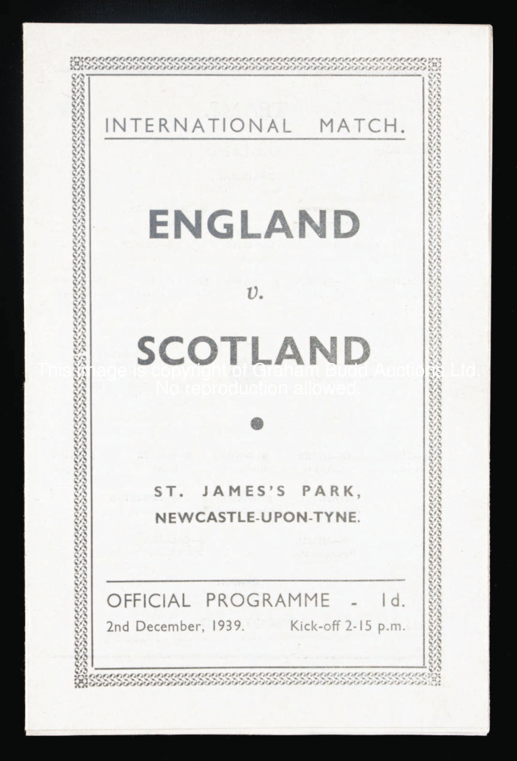 The rare England v Scotland wartime international programme, played at St. James' Park, Newcastle-up...