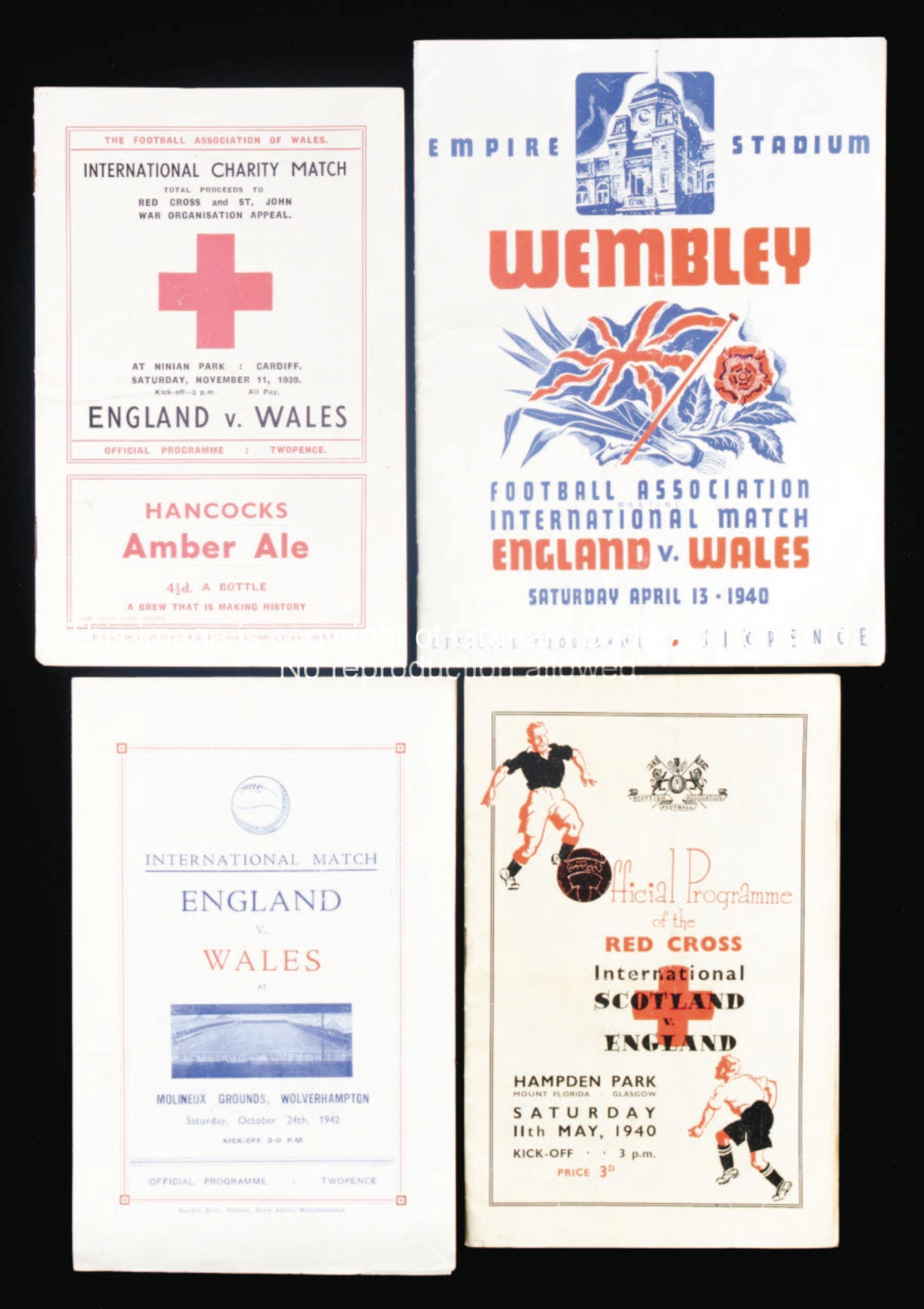 Six England wartime international programmes, homes v Wales at Wembley 13.4.40, Molineux 24.10.42 & ...