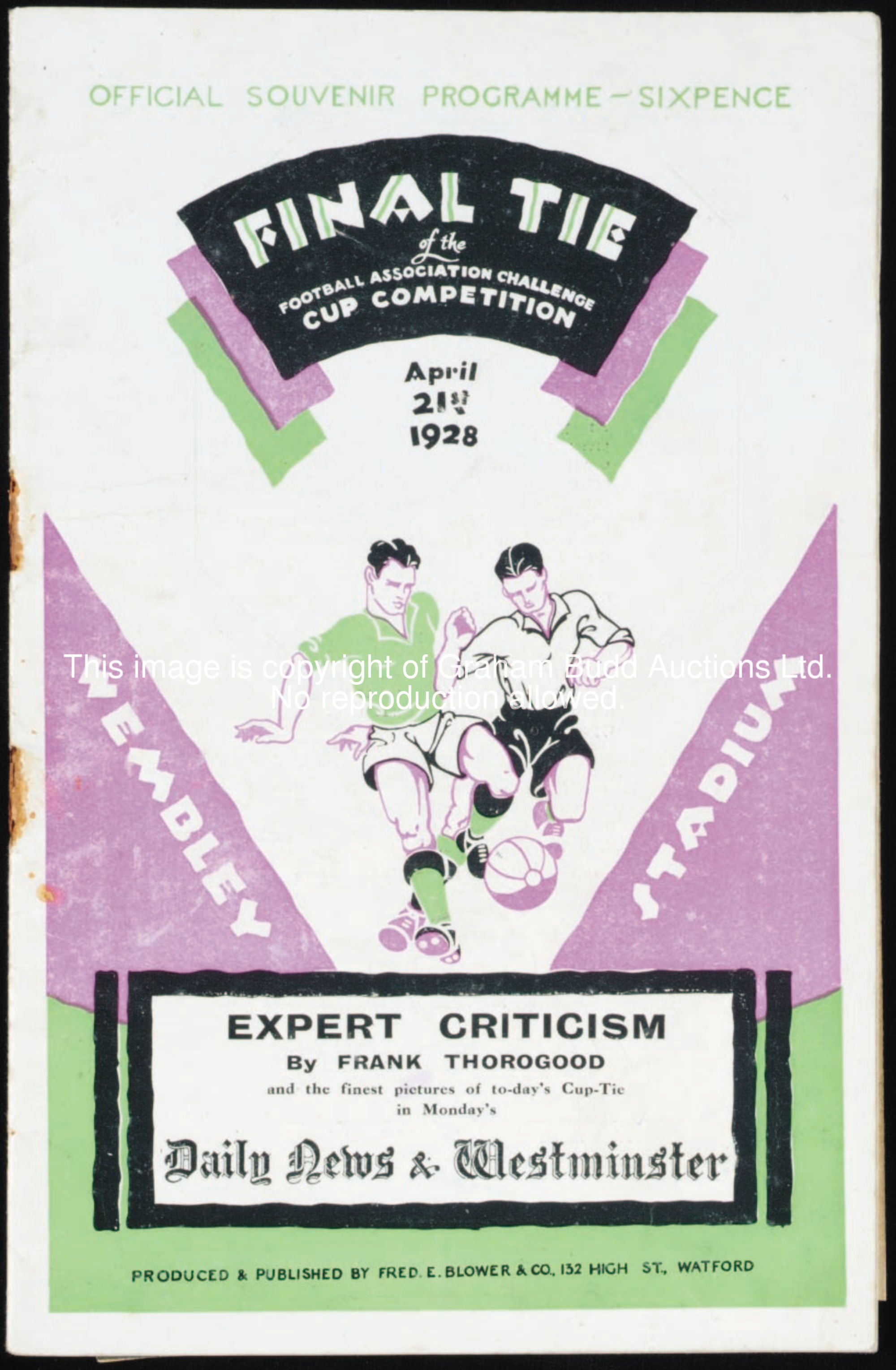 F.A. Cup final programme, Blackburn Rovers v Huddersfield Town, 21st April 1928, with two press cutt...