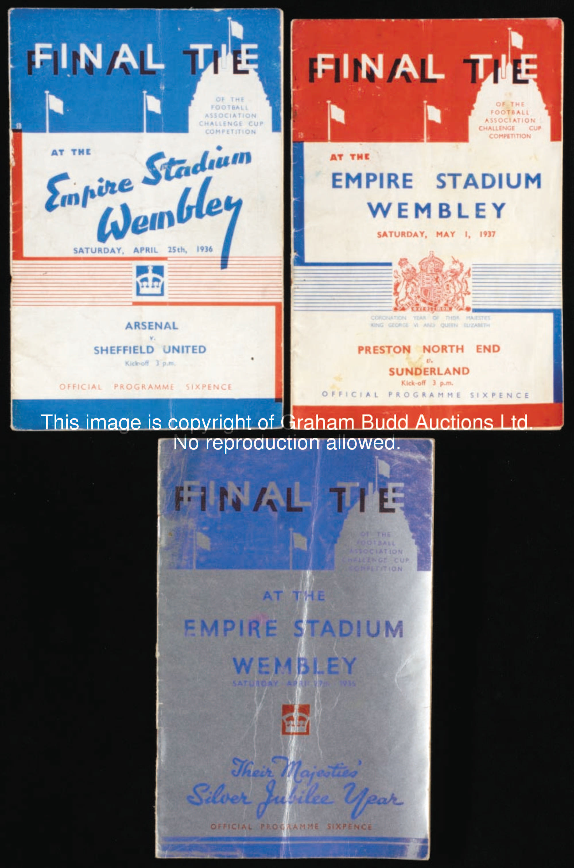 F.A. Cup final programmes for 1935, 1936 & 1937, Sheffield Wednesday v West Bromwich Albion, Arsenal...