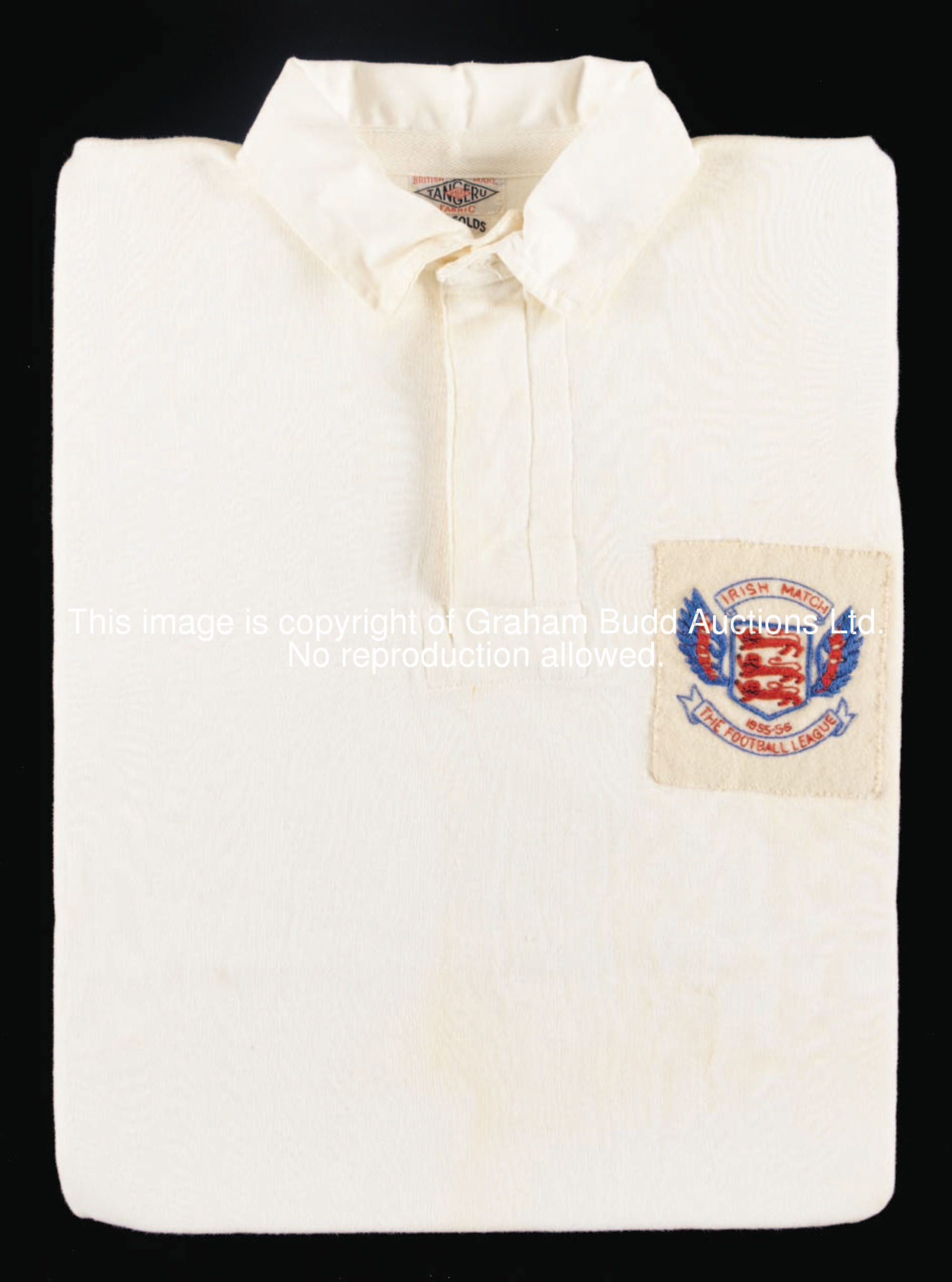 A white Football League No.8 representative jersey, 1955-56, long-sleeved with button-up collar & em...