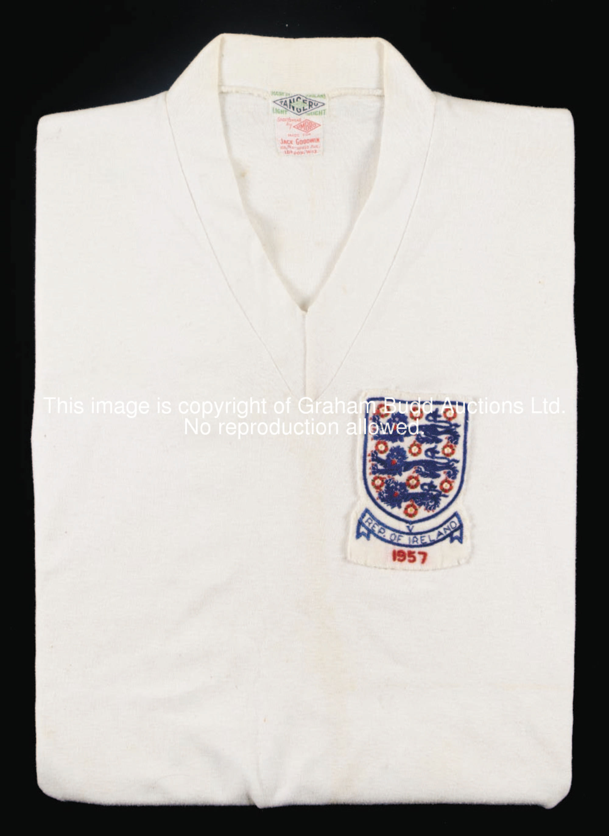 Sir Tom Finney: a white No.11 England v Republic of Ireland jersey, 1957, short-sleeved with v-neck ...