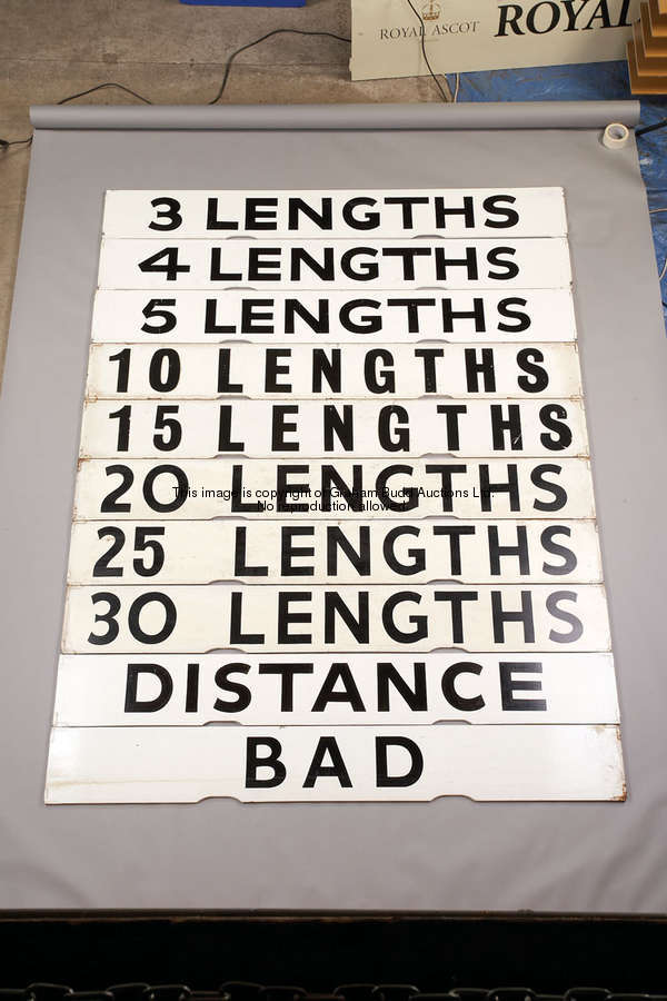 20 Lengths, white painted wooden Spagnoletti winning distance board with black lettering, 25.5 by 10...