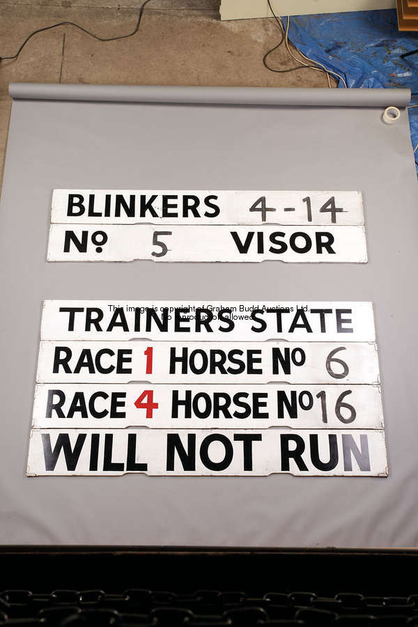 A group of four Spagnoletti boards, when placed vertically read: TRAINERS STATE; RACE 1 HORSE No 6; ...