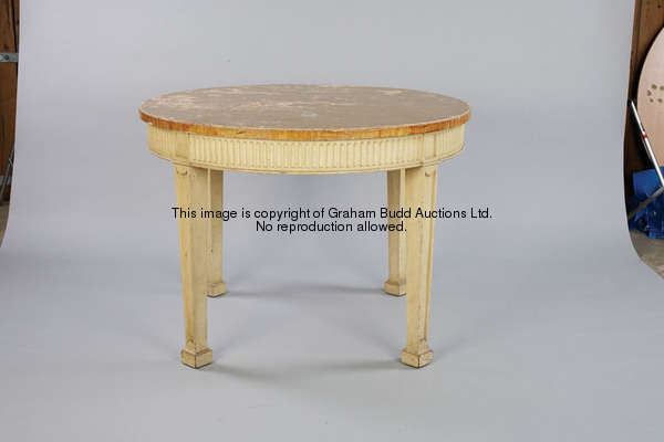 A round table from the Royal Box, with a fluted frieze, painted & scumbled antiqued finish, diameter...